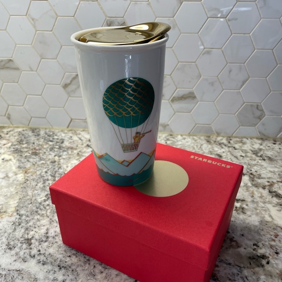 Starbucks 2014 Hot Air Balloon Ceramic Travel Tumbler Mug 12oz with Gold lid - Picture 2 of 8